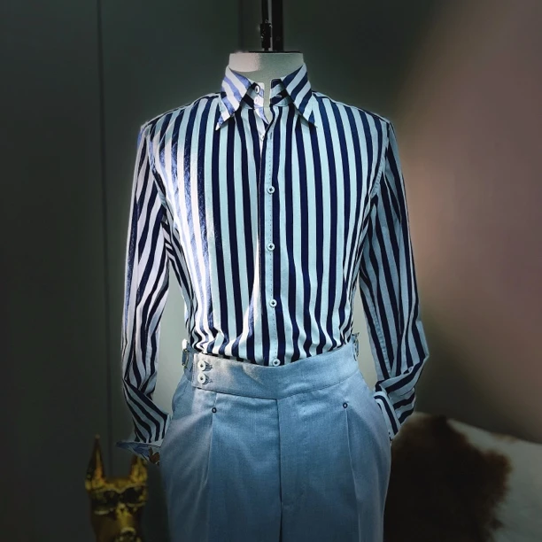 蓝白条纹大尖领意式修身男式衬衫