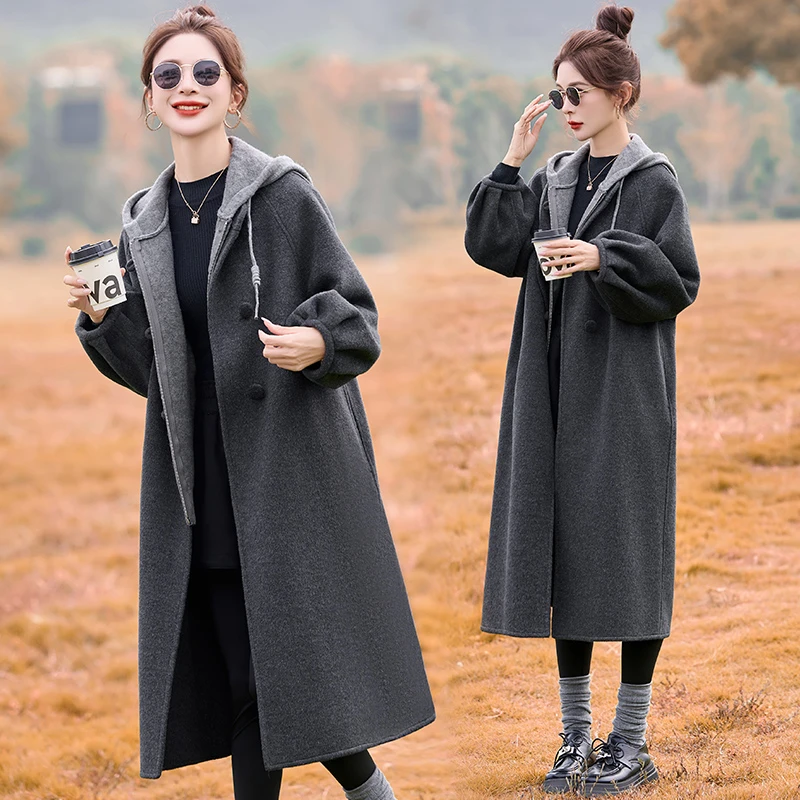长款长袖秋冬中长款毛呢两件套装2025秋冬新款毛呢外套加绒加厚女