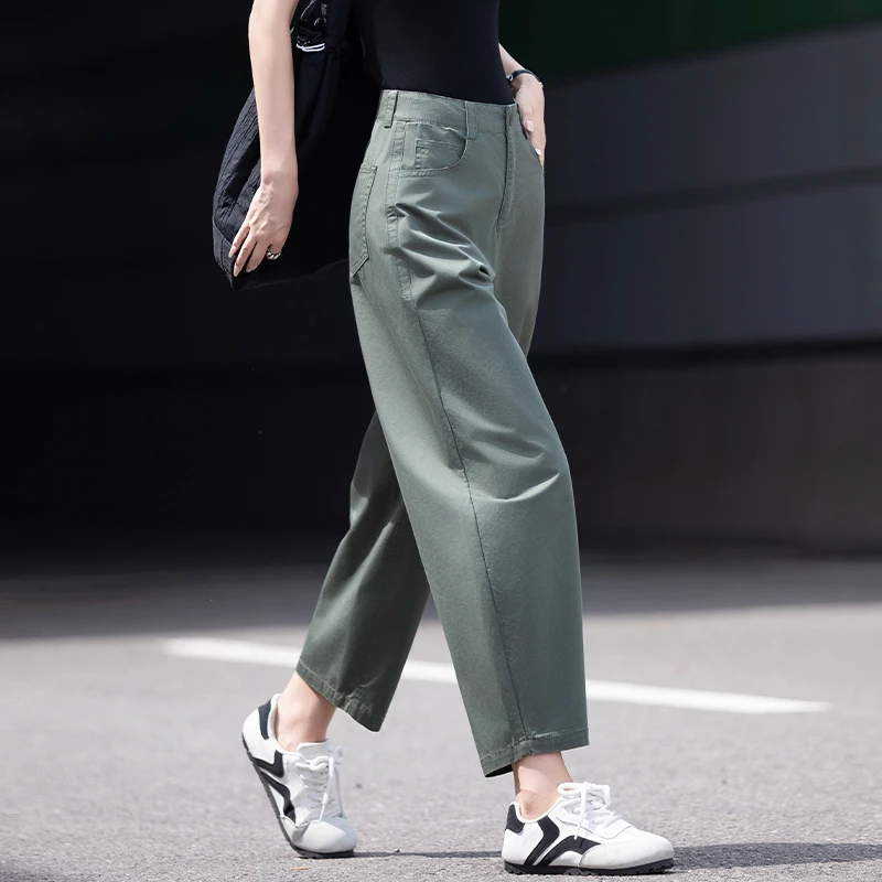 军绿色裤子女休闲裤2025新款春秋显瘦小个子八分九分裤弯刀萝卜裤