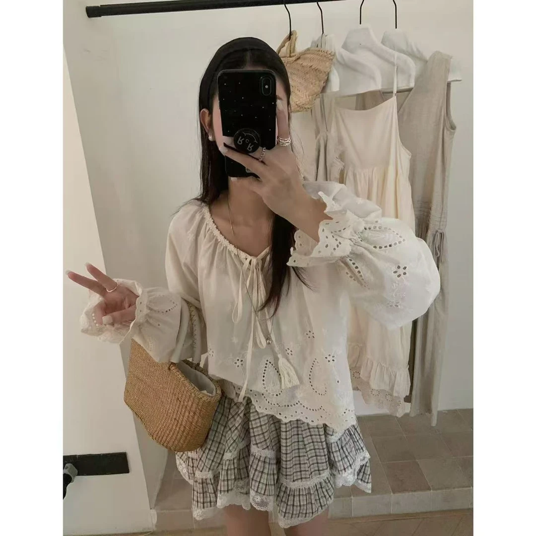 【NO退NO换】韩系温柔精致镂空钩花系带小衫13090 衣长50