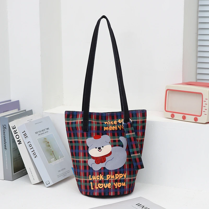 新款大容量水桶包英伦风可爱小狗插画潮包单肩斜挎女包休闲百搭