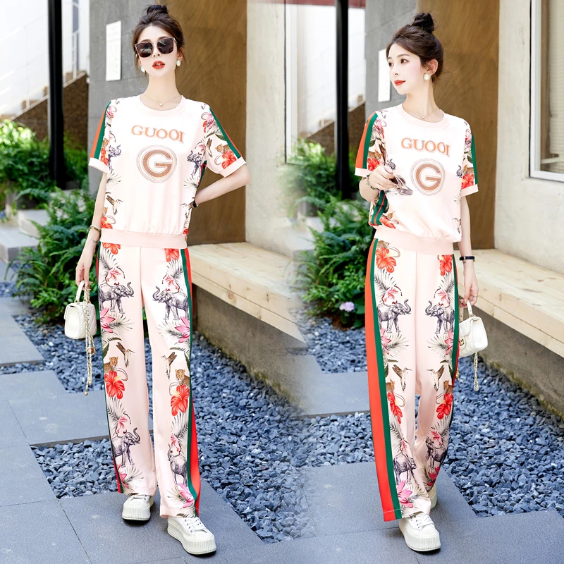 醋酸休闲运动女夏装搭配一整套欧洲站时尚冰丝印花大码显瘦气质