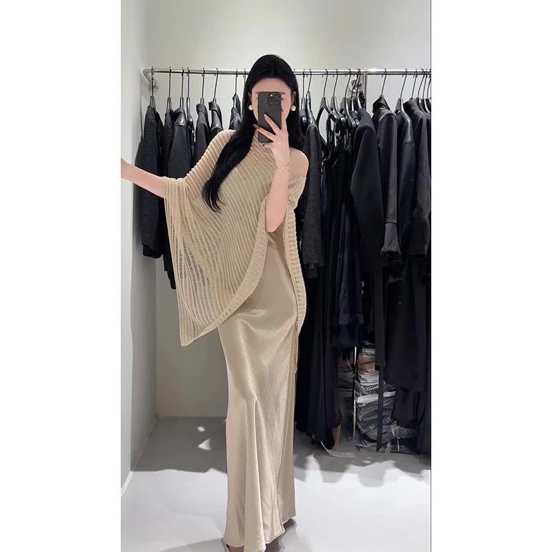 2025夏季镂空防晒披肩+缎面吊带长裙显瘦气质网红垂感长款
