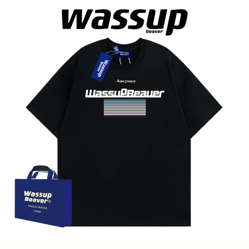 WASSUP BEAVER短袖圆领纯棉夏季字母印花半袖T恤宽松休闲国潮上衣