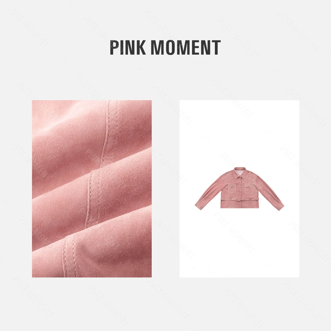 PM王囡囡 粉色翻领羊皮单排扣宽松配腰带短款外套 ND1C1366