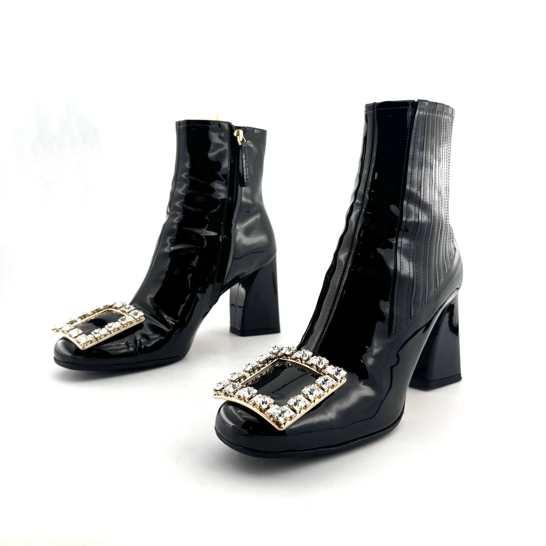 99新 Roger Vivier/罗杰·维威耶 38码 黑色漆皮中筒靴 D9484