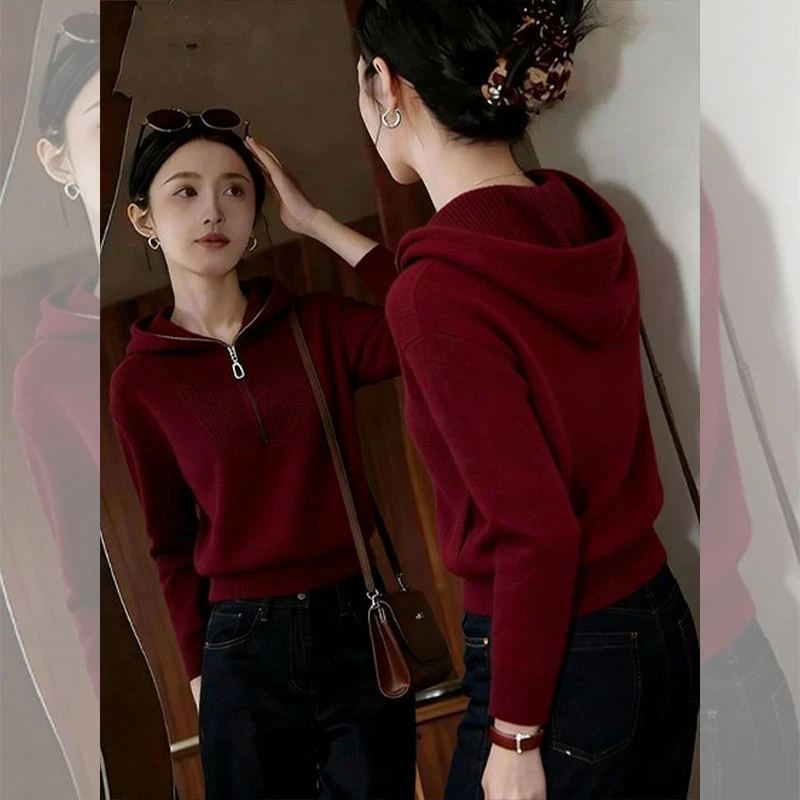 连帽针织毛衣女气质轻熟风女装秋冬新款独特别致上衣今年流行爆款