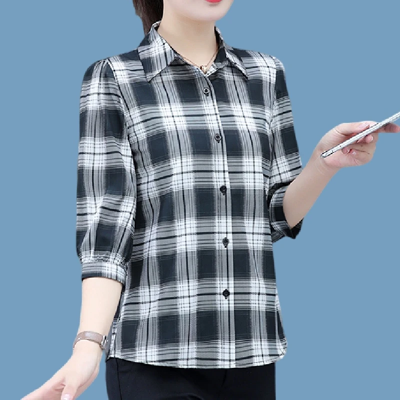 雪纺格子七分袖衬衫夏季中年妈妈装洋气百搭衬衣薄款显瘦韩版上衣
