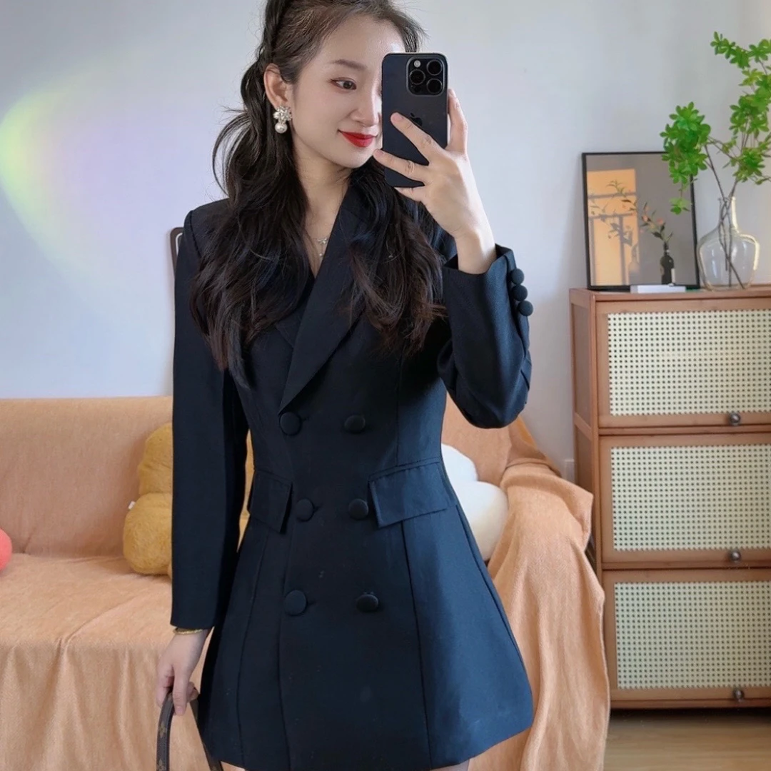 小个子定制西装裙气质名媛高级大气双排扣秋季黑色显瘦收腰西装
