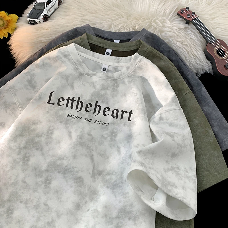 扎染麂皮绒短袖T恤男生美式复古重磅oversize宽松五分体恤上衣服