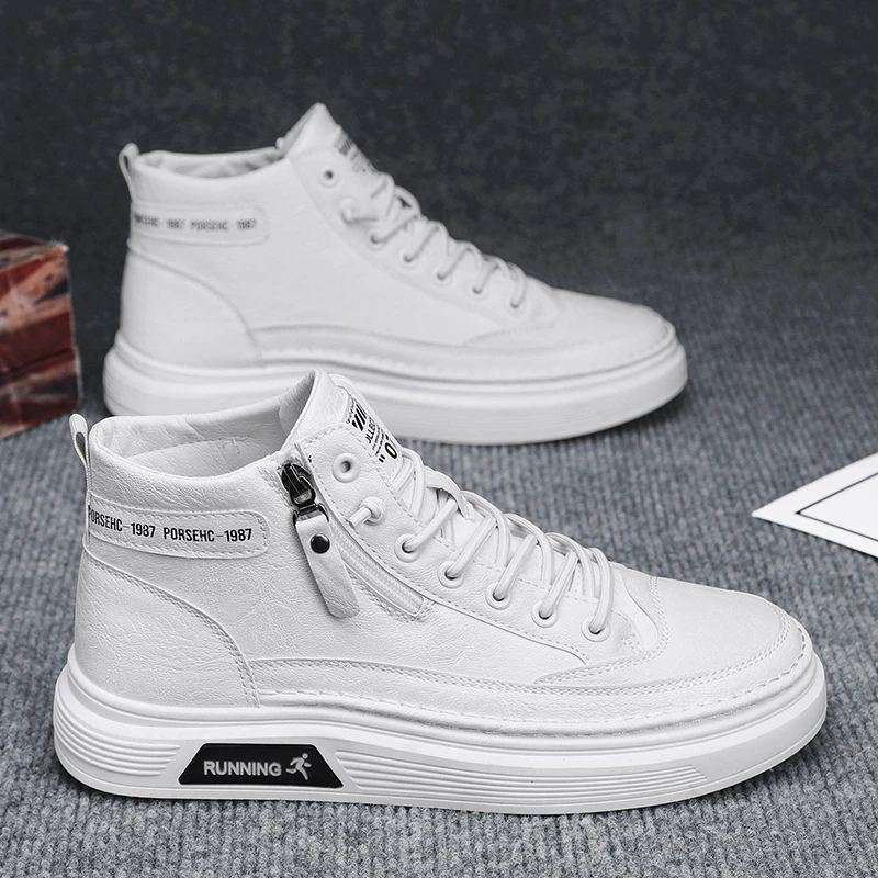 【加绒可选】男鞋2025冬季百搭高帮皮面小白鞋增高防滑耐磨休闲潮鞋