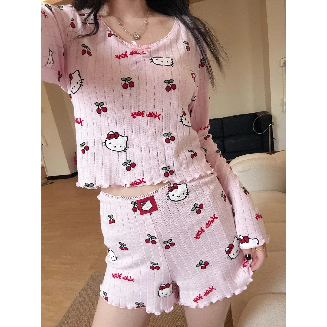 【樱桃Kitty猫】甜美少女长袖睡衣夏季新款舒适大码短裤套装家居服