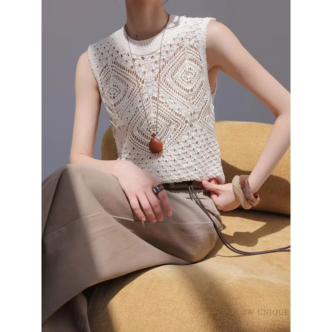 美爆了！巨喜欢这件！米白色圆领无袖镂空背心女夏季叠穿针织衫上衣