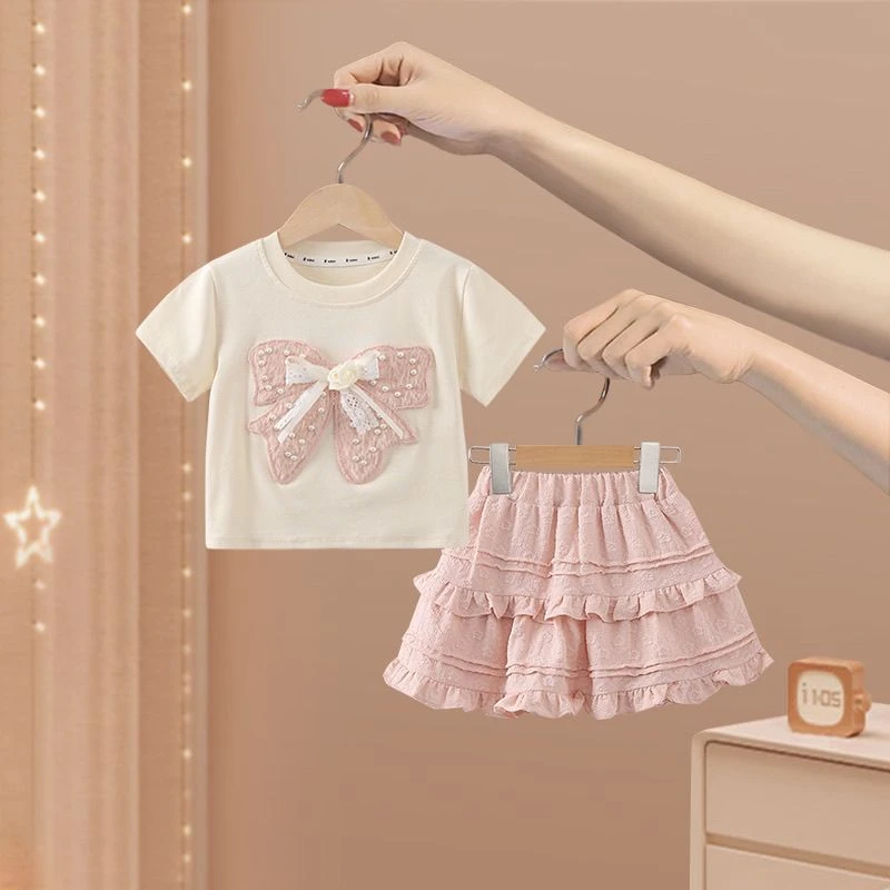 女童套装夏季2025新款洋气宝宝蝴蝶结儿童短袖T恤短裙两件套夏天