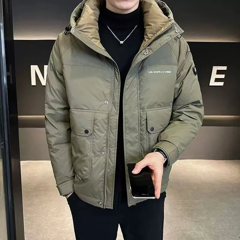 Y609羽绒服男士潮牌冬季新款短款加厚白鸭绒连帽工装防水外套