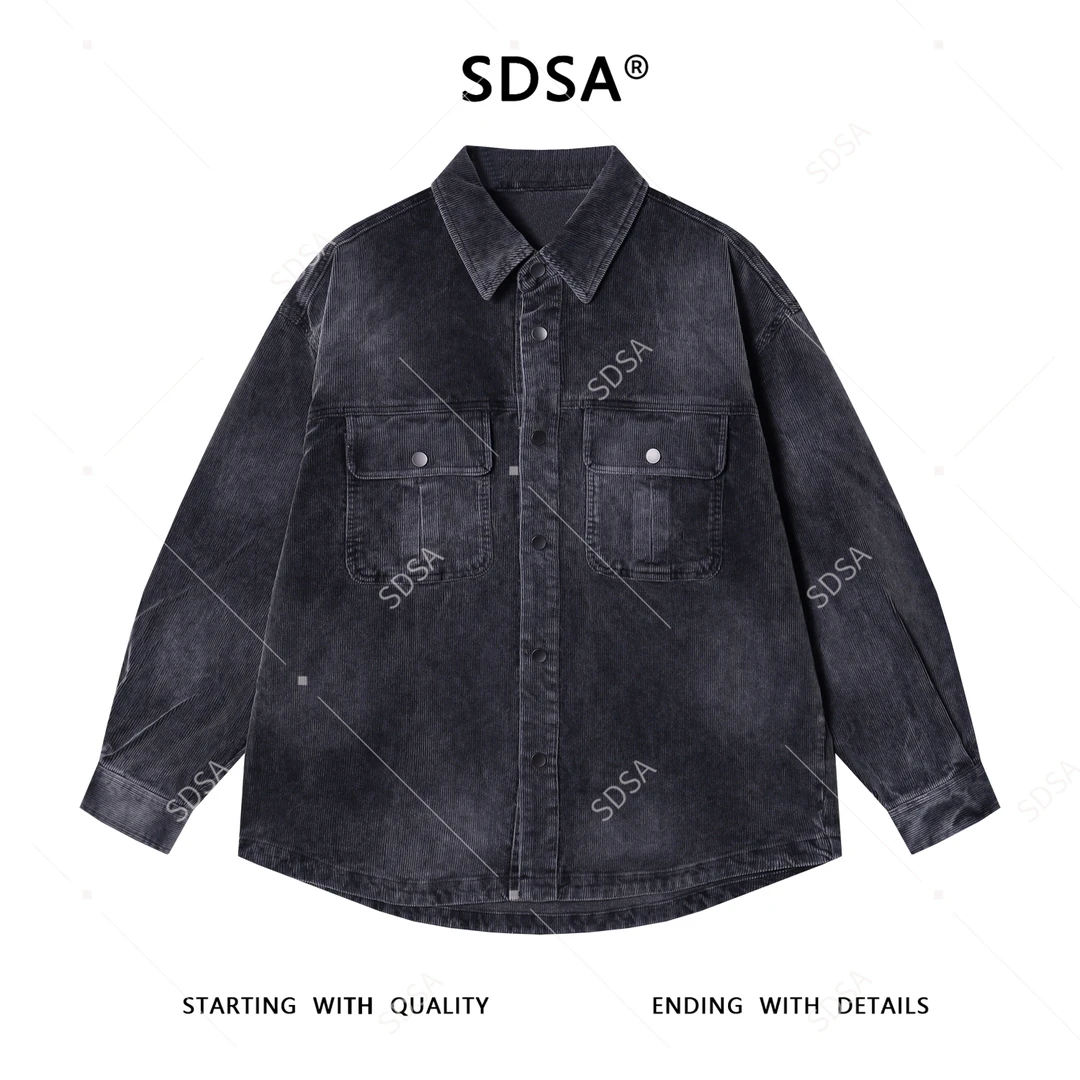SDSA秋冬新款痞帅男装韩版扎染竖纹纽扣翻领长袖衬衫个性百搭衬衣