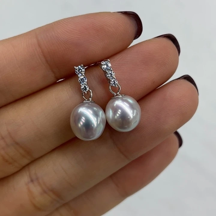 银S925镶嵌耳饰海水珍珠8-9