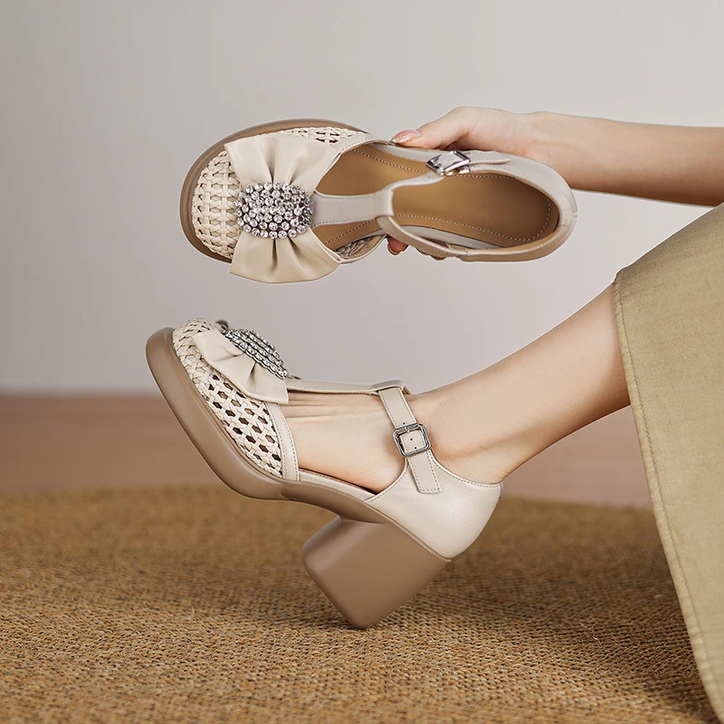 牛皮/8cm/时尚百搭夏季真皮软底复古春夏粗跟浅口厚底编制凉鞋