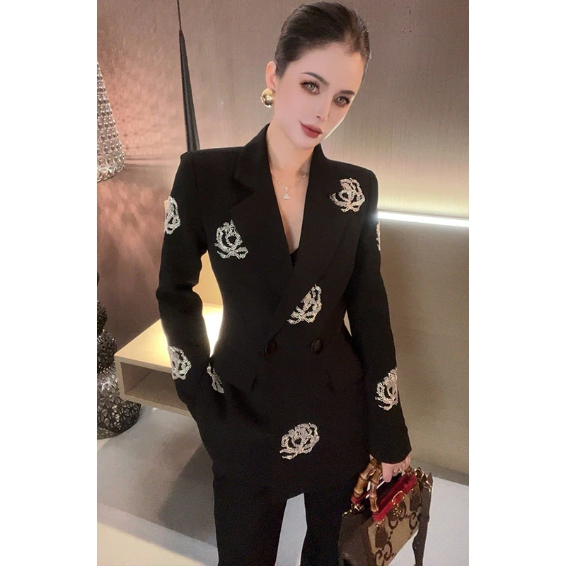 （特价）重工山茶花西装拼接喇叭裤套装春游TZ30339