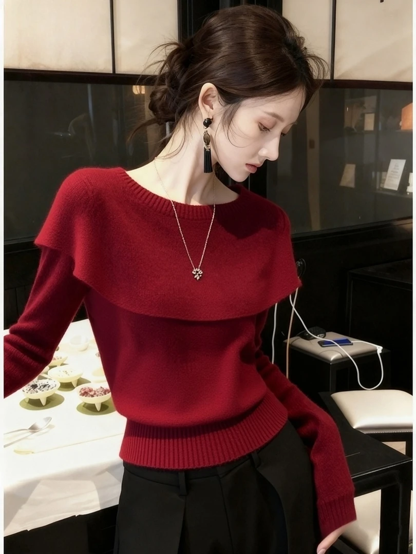 安可拉红披肩轻熟风针织衫2025秋冬季气质名媛高级感修身打底上衣