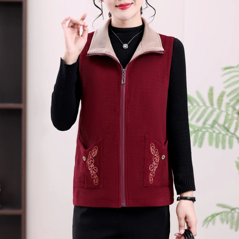 秋冬季妈妈装马甲外套立领宽松厚款马夹上衣灯芯绒中老年女装上衣