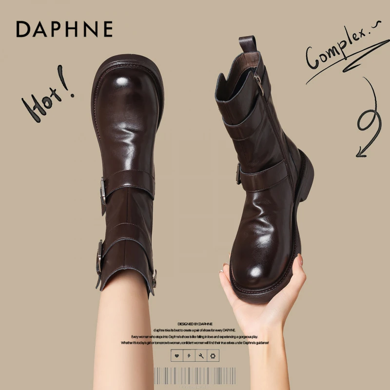 达芙妮网红爆款短靴2025秋冬复古西部马丁靴增高粗跟皮带扣时装靴