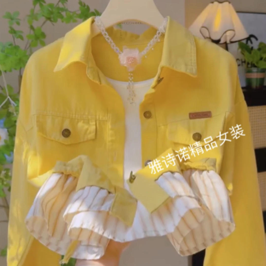 衬衫拼接假两件牛仔外套女短款2025新款宽松洋气减龄显瘦百搭上衣