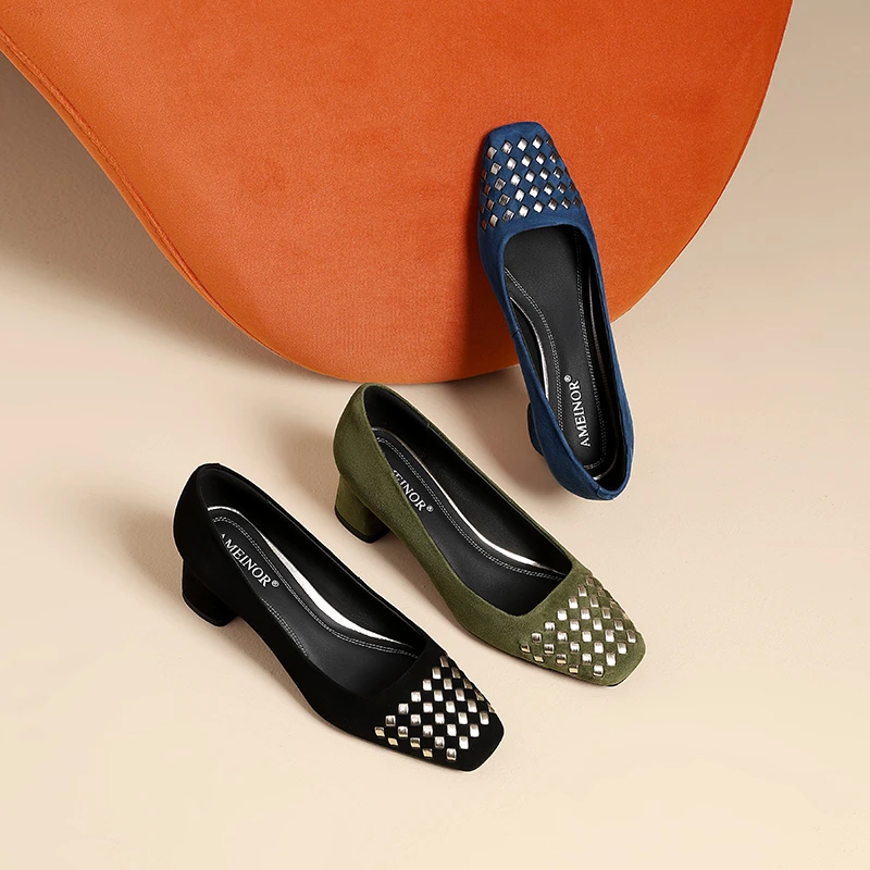 AMEINOR2025春季新款高跟编织真皮百搭时尚舒适浅口女士单鞋