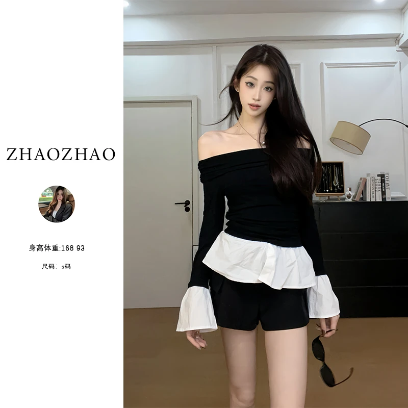 春季新款一字肩设计高级感拼接假两件长袖恤显瘦上衣