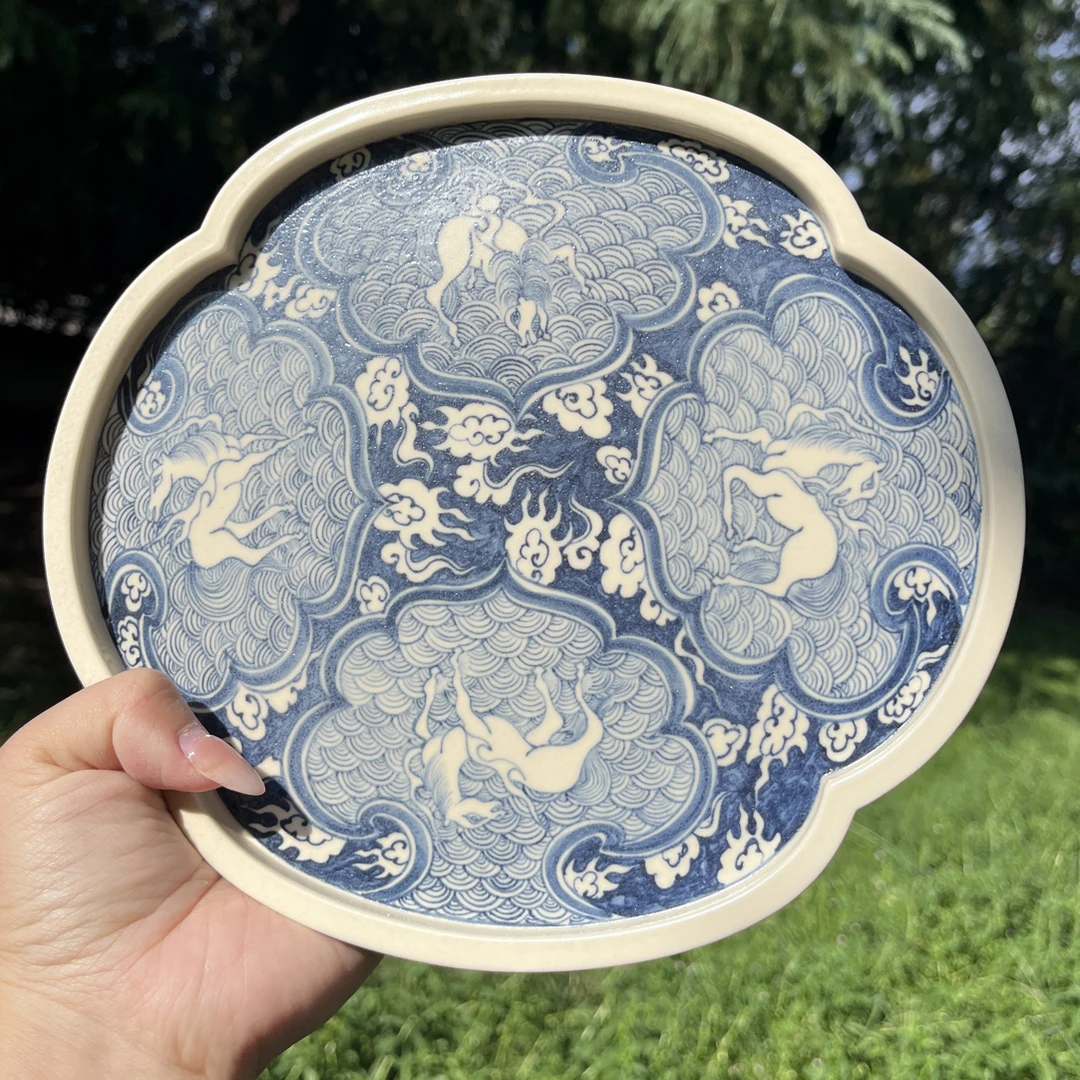 幽蓝溪堂景德镇陶瓷全手工手绘仿元二号釉飞马踏浪异形茶盘托盘