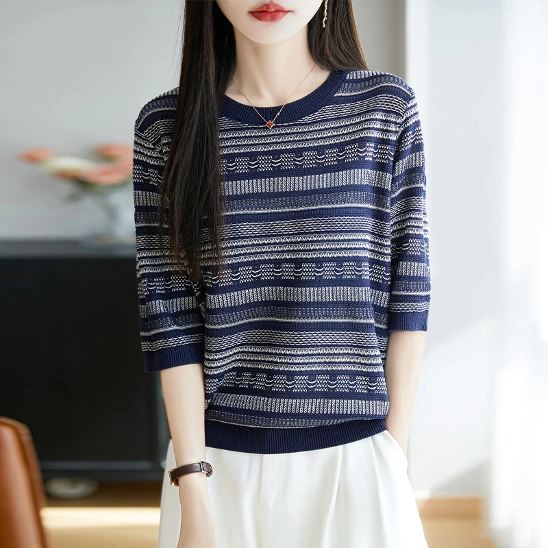 品牌2025新款提花T恤女时尚圆领气质短袖镂空百搭上衣女