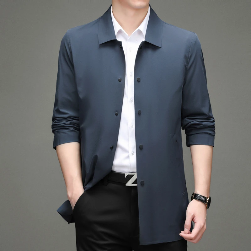 休闲中长款风衣男男士夹克中单排扣纯色宽松外套