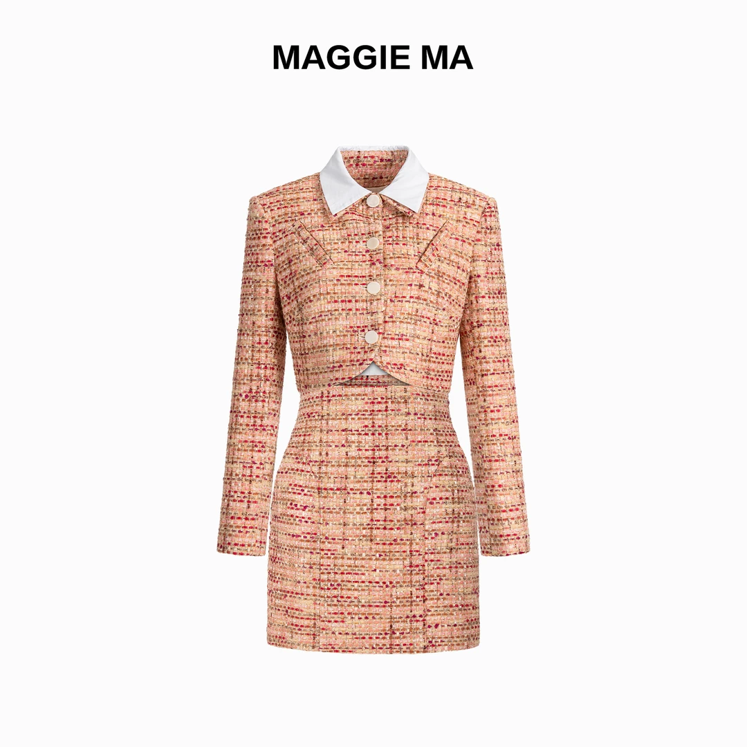 MAGGIE MA马婧设计师款西柚粉编织纹理名媛小香风套装368C369B
