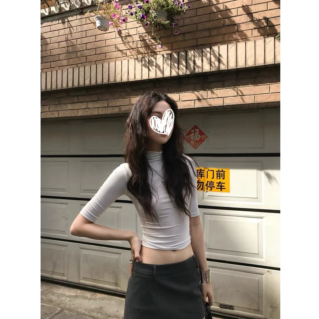 【全额运补】【运补6】修身短款半高领半袖上衣美式辣妹正肩黑色