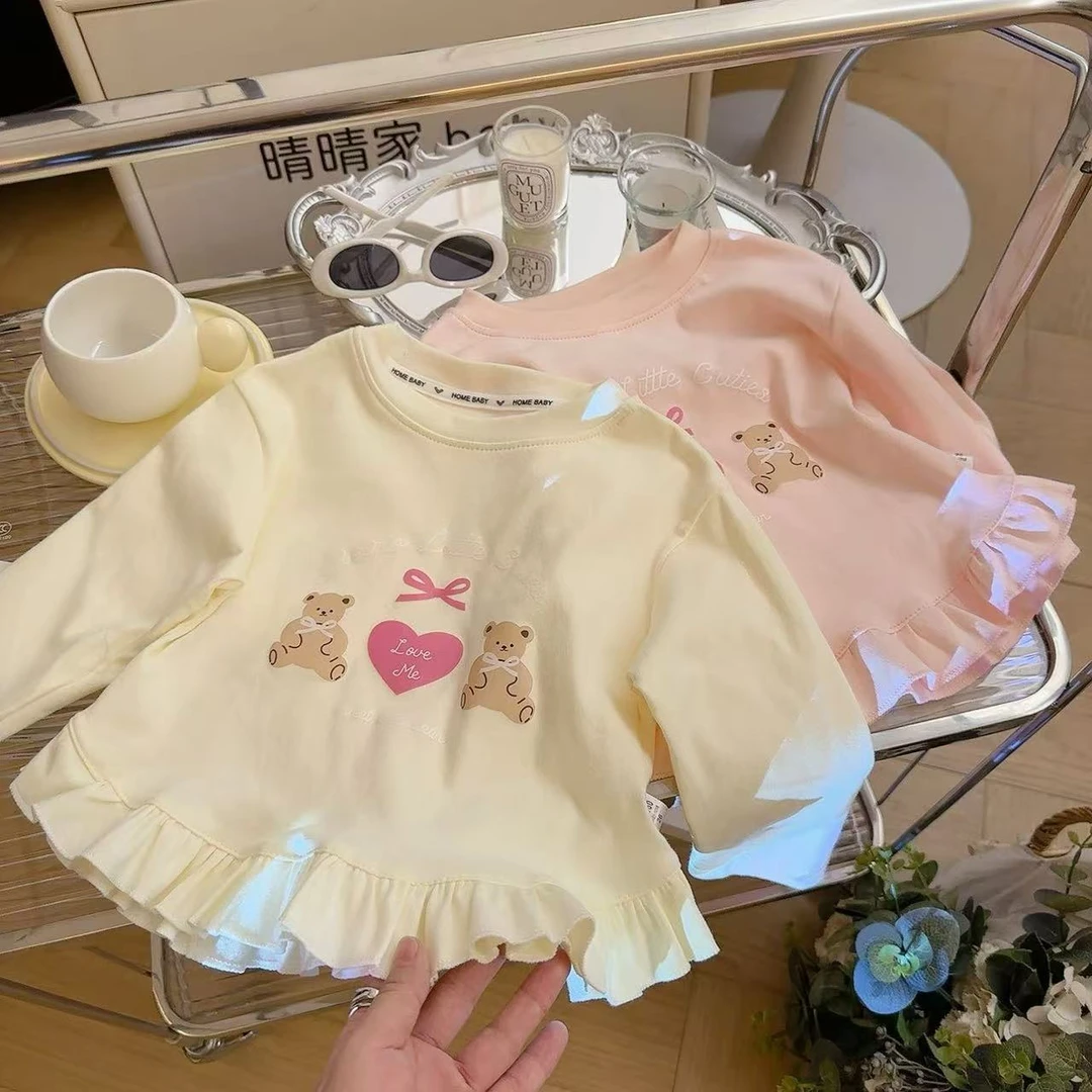 女童长袖恤2025春秋儿童新款宝宝花边洋气百搭打底圆领上衣