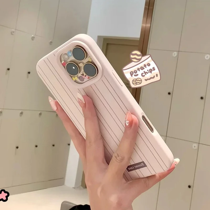 简约粉棕条纹适用苹果16/13手机壳iPhone15promax糯米壳14/12防摔