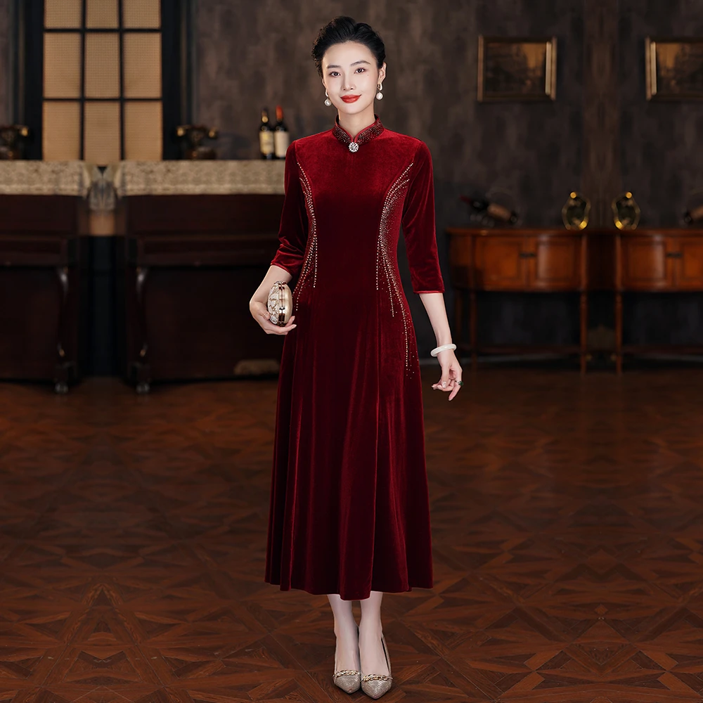 秋冬旗袍领韩国绒旗袍礼服婚礼高贵气质喜妈妈旗袍钉珠烫钻大摆裙