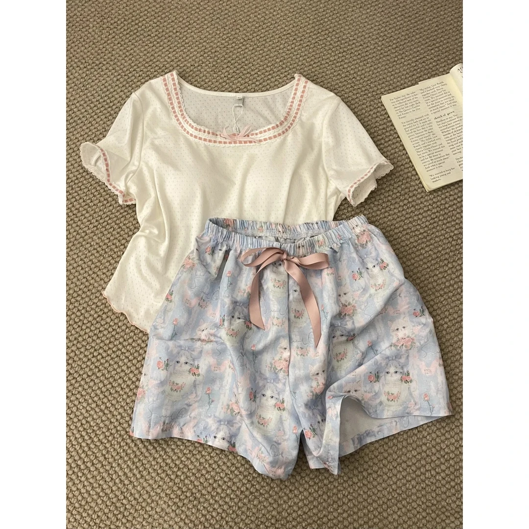猫咪花朵睡衣女夏季2025新款花边带胸垫短袖短裤外穿家居服套装AA