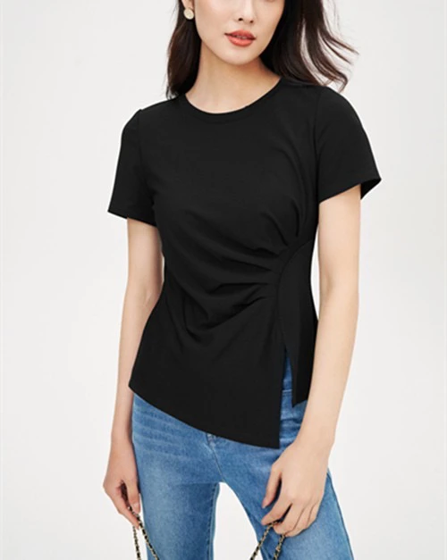 2025夏季新款圆领收腰捏褶开叉短袖T恤上衣女5300386