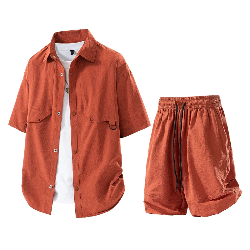 工装短袖套装男女款夏季港风chic纯色衬衫短裤宽松薄款潮流两件套