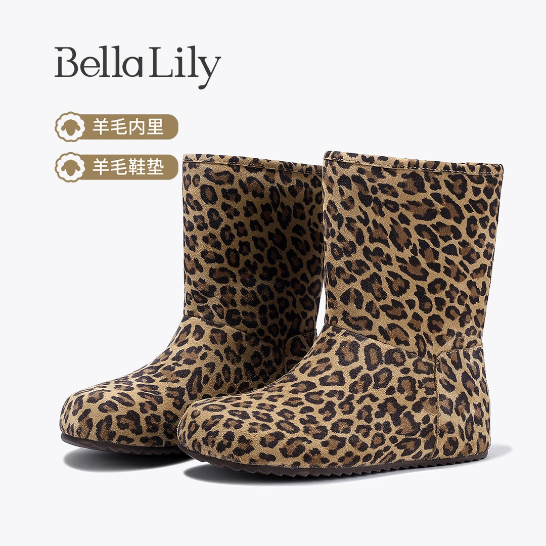 BellaLily2025冬季新款美式豹纹雪地靴女牛皮羊毛短靴勃肯鞋潮靴