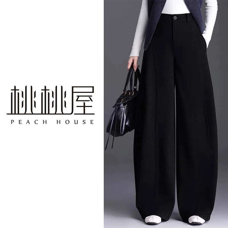 加厚加绒秋冬季阔腿裤垂感秋季拼接休闲裤高腰时尚裤子