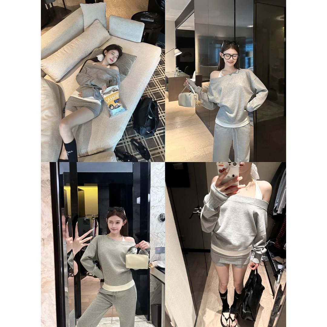SLA STUDIO 原创斜肩蝙蝠袖长袖T恤女时尚卫裤套装慵懒气质两件套