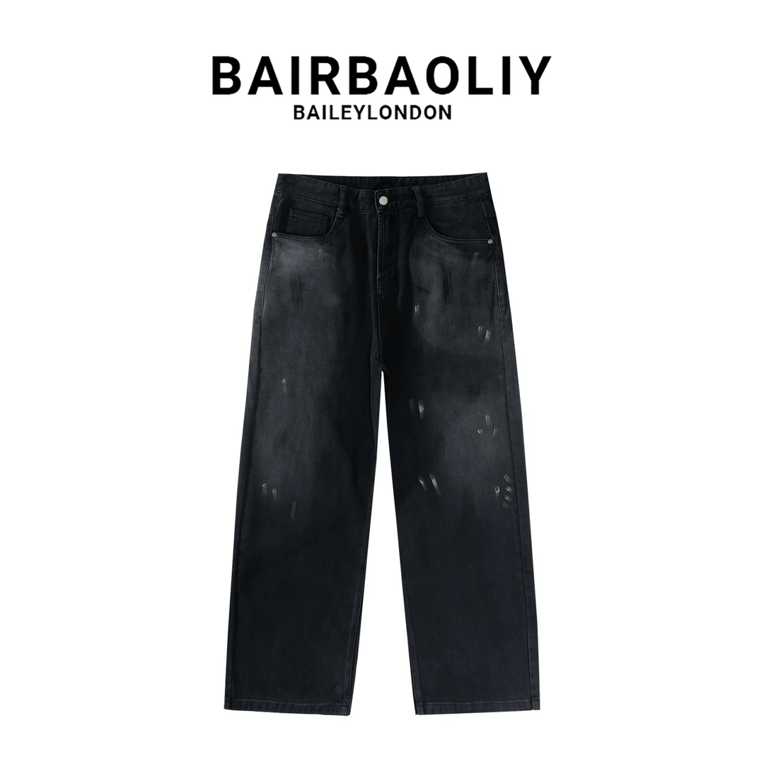 BAIRBAOLIY美式潮牌泼墨痞帅宽松直筒牛仔裤柔软纯棉设计感长裤男