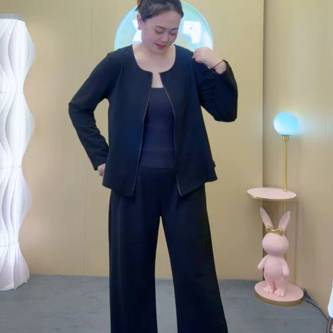 秋季新款高级感拉链外套阔腿裤两件套显瘦黑色气质休闲套装大码