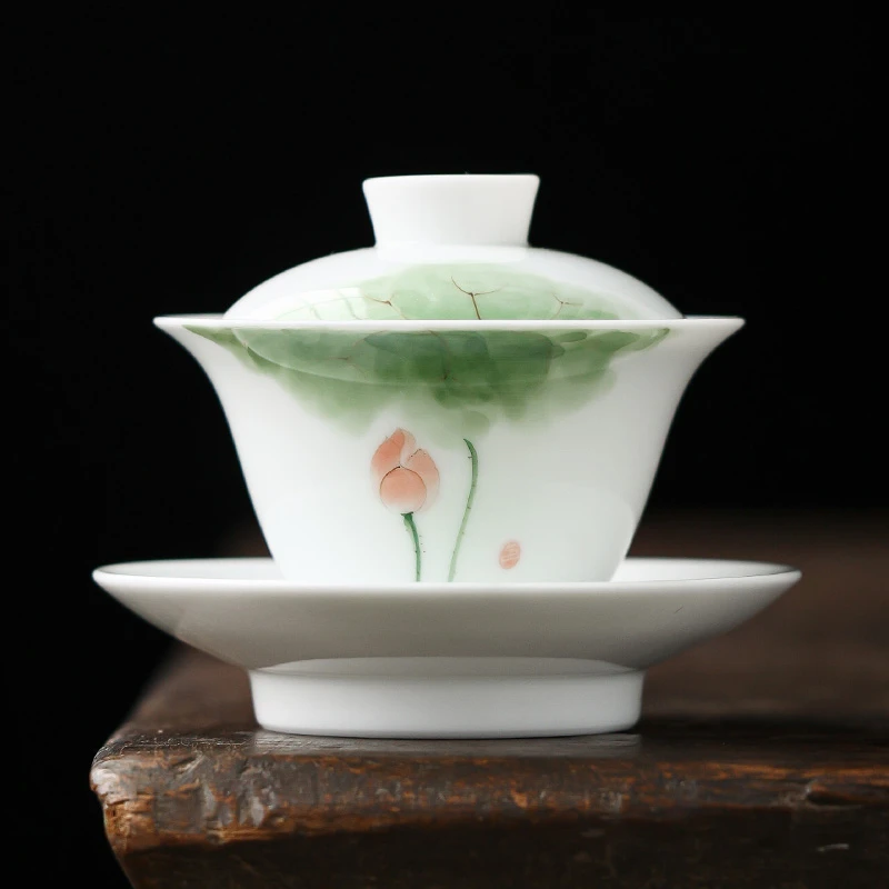 挚礼记清荷三才盖碗三件套陶瓷中国风防不烫手工手绘德化白瓷茶具