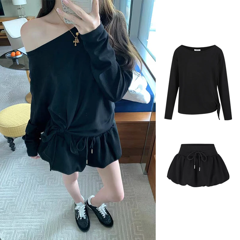 Moses Queen/魔西女王慵懒休闲侧打结斜肩上衣花苞蓬蓬短裙半身裙