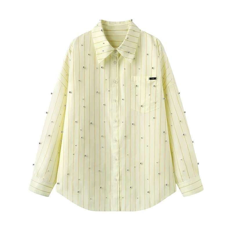 【明珠】2025新款条纹钉珠衬衫衬衣长袖时尚春季小众宽松A400