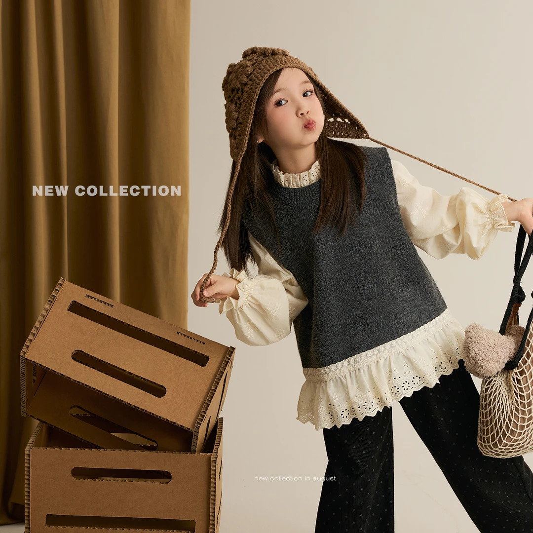 辰辰妈【灰调美学】女童秋季套装花边领衬衣裤子8799X/8798X/8722X
