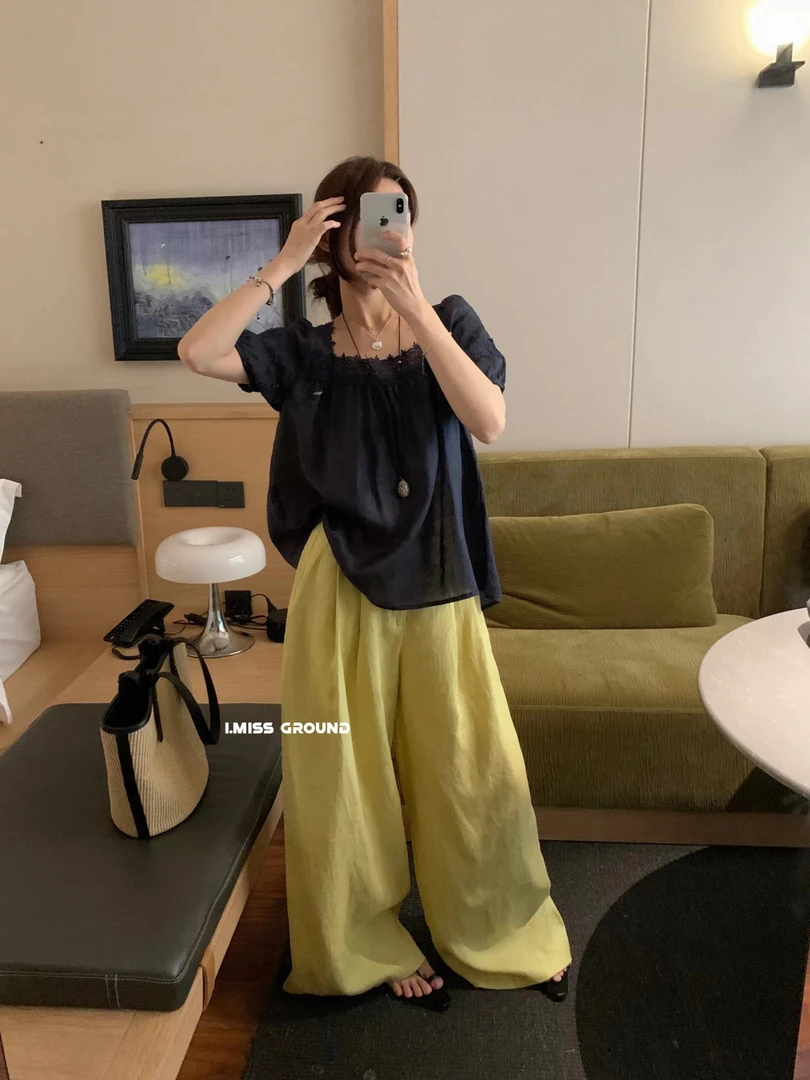 imiss@60790 韩系简约气质蕾丝花边领小衫（百百苎麻）